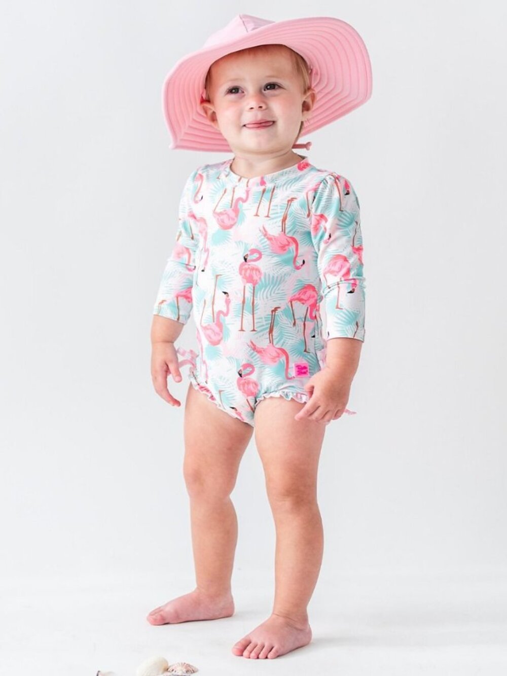Ruffle Butts Pink Flamingo Long Sleeve One Piece Rash Guard
